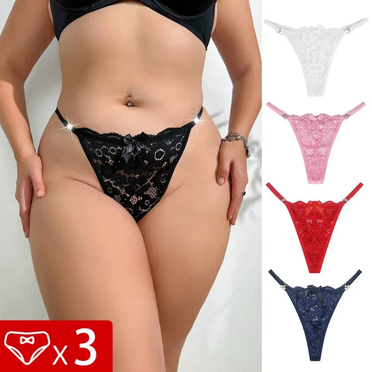 3pcs Women Lace Sexy Thongs Thin Strap Bow Plus Size Panties Low Waist Comfortable G-string  Ladies Perspective Underpants Set